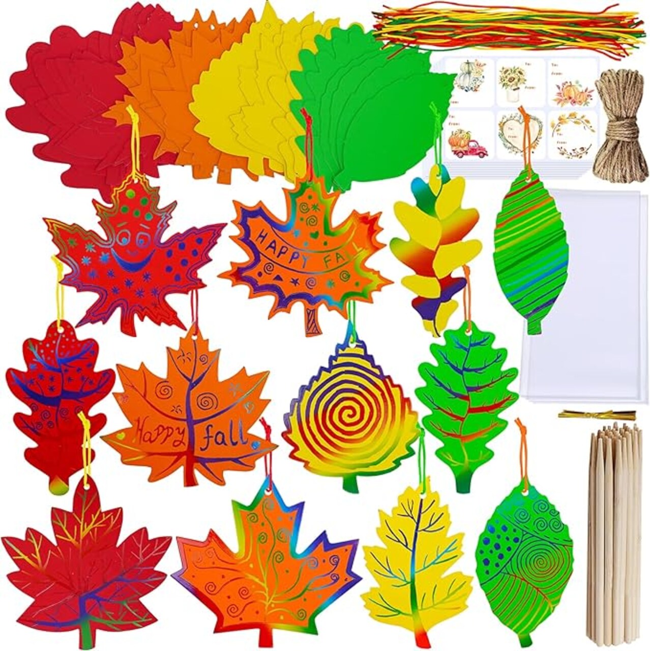 48 Sets, 12 Designs Colorful Magic Color Scratch Fall Leaves Ornament Decoration Autumn Scratch Art Leaves Fall Leaf Craft Kits for Kids Halloween Thanksgiving Classroom Activities: Party Favors